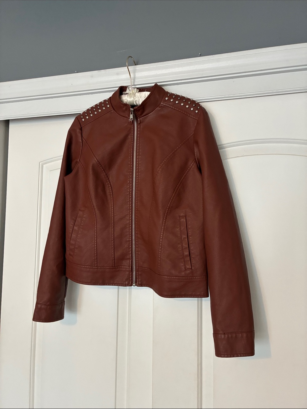 Baccini Brown Faux Leather Stud-Shoulder Jacket